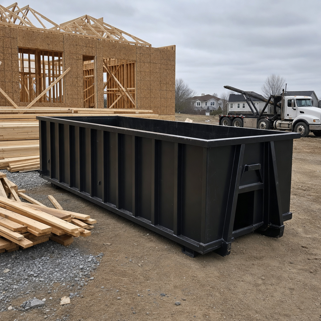 Matte-black 40-yard roll-off dumpster staged on a framed-out residential construction site in Peoria, framing lumber stacked nearby, hooklift delivery truck visible in the background under bright Colorado daylight