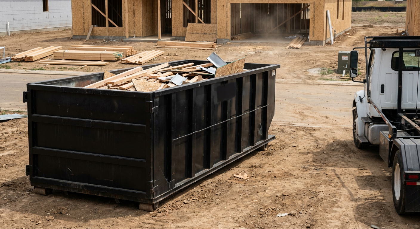 Matte-black 20-yard roll-off construction dumpster with heavy ribbed steel sidewalls and swing rear doors at a working jobsite in Peoria, sitting directly on compacted dirt with an unmarked white hauler partially visible at the far edge of the frame.