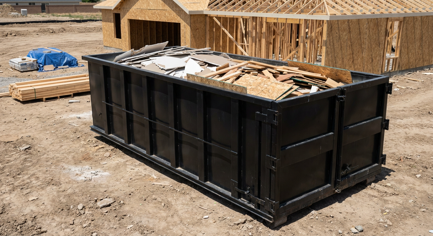 Matte-black 30-yard roll-off construction dumpster sitting directly on the compacted-dirt site of a framed single-family home build in Peoria, drywall and lumber scrap loaded inside.