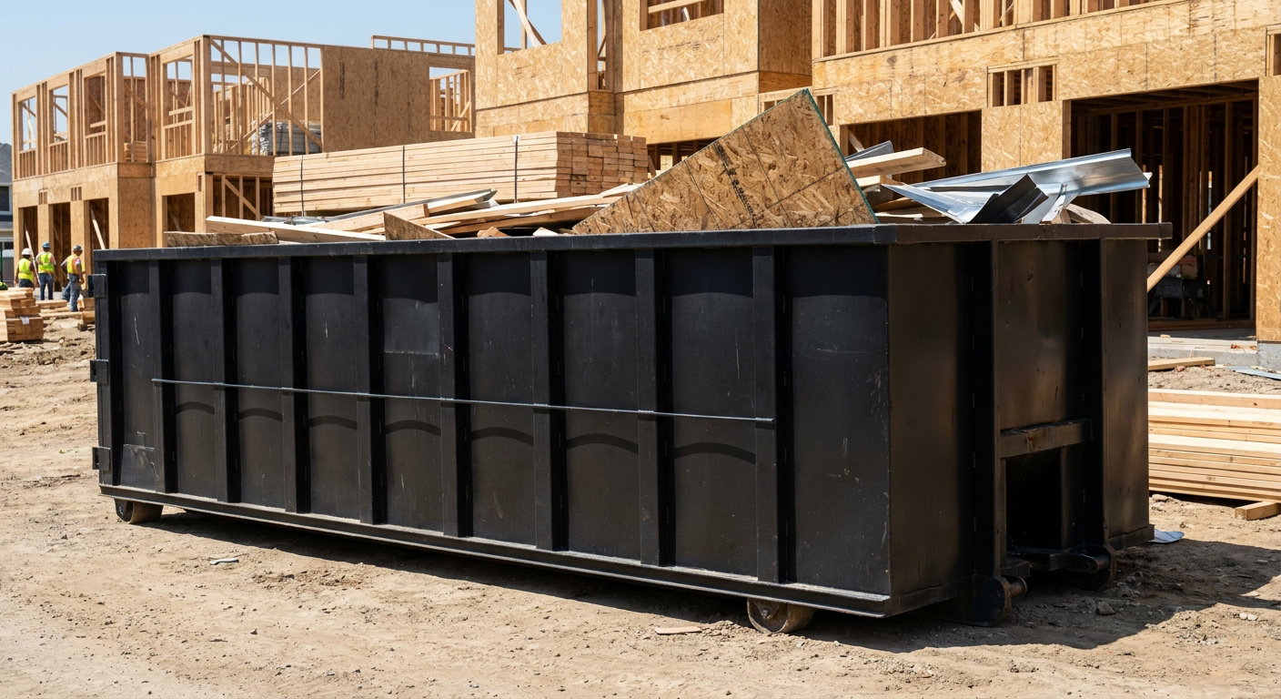 Matte-black 40-yard roll-off construction dumpster being lowered from a white-cab hooklift delivery truck onto the compacted-dirt jobsite at a commercial build site in Peoria