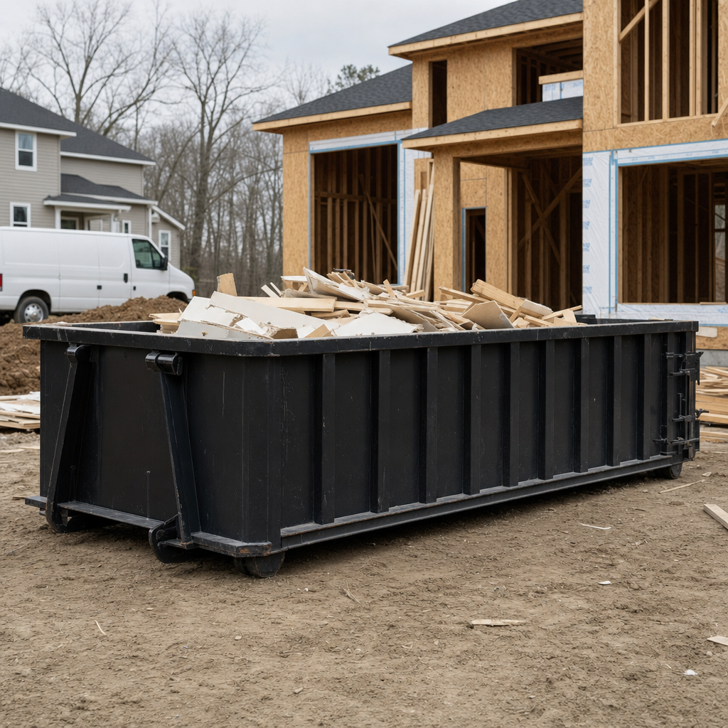 Worker in a yellow high-visibility vest tossing framing lumber and broken drywall into a matte-black 30-yard construction roll-off dumpster on an active build site in Peoria, bright daylight