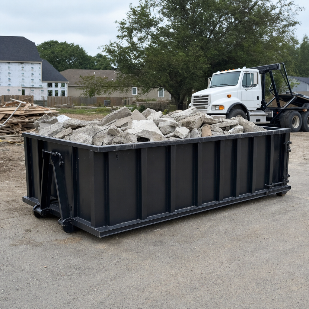 Low-profile matte-black lowboy roll-off dumpster loaded with broken concrete slab and rebar at a foundation tear-out in Peoria, skid steer parked beside it, sunny Colorado morning