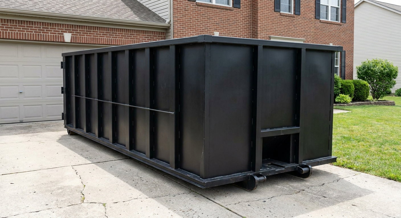 Matte-black 20-yard roll-off container on a Peoria residential concrete driveway with reinforced ribbed steel sidewalls and a hinged rear walk-in door, clean bright daylight.