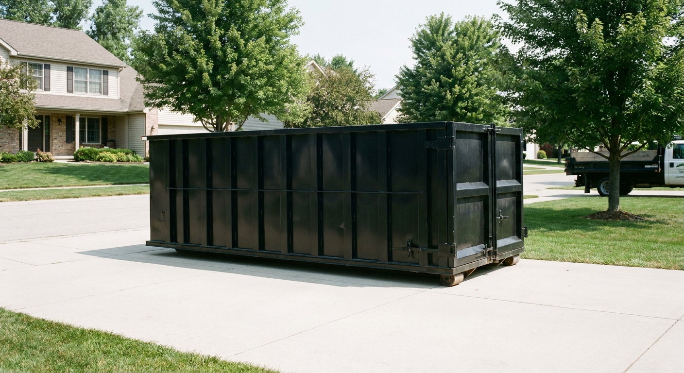Matte-black 20-yard roll-off dumpster sitting level on a clean Peoria residential concrete driveway under bright daylight, demonstrating clean placement directly on the concrete.