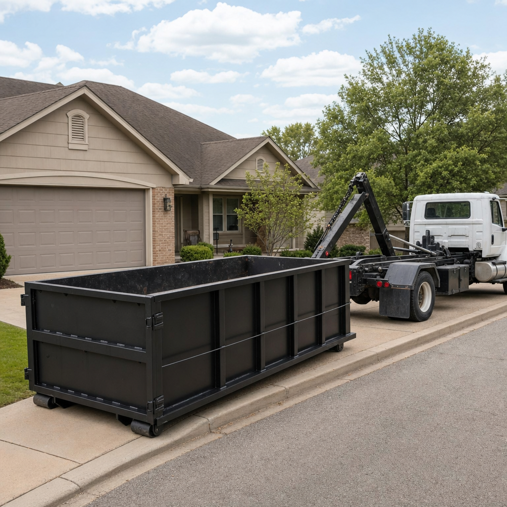 Wide documentary shot of a matte-black roll-off dumpster on a Peoria residential driveway in the foreground and a contractor jobsite container in the soft-focus background, bright daylight, calm and orderly composition.