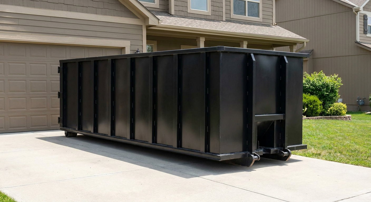 Matte-black residential roll-off dumpster sitting directly on a suburban Peoria concrete driveway, garage door closed, single-family home in background, bright morning daylight.