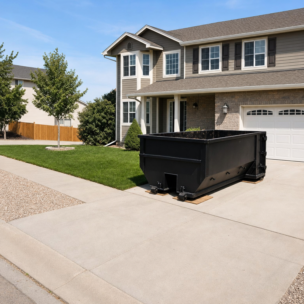 10-yard matte-black residential dumpster placed directly on a narrow Peoria concrete driveway, room remains for a parked sedan beside it, mid-morning natural light