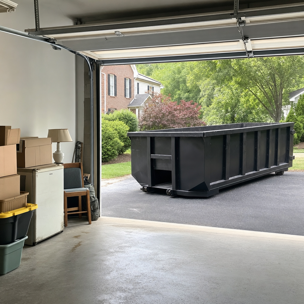 Open garage interior in a Peoria home mid-cleanout — boxed items, an old appliance, and stacked yard tools queued near the driveway for a matte-black roll-off dumpster, organized and calm