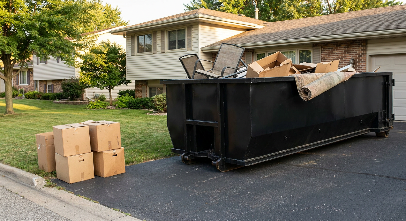 Front-yard view of a Peoria split-level home with a 20-yard matte-black roll-off dumpster sitting directly on the asphalt driveway, a few clearly labeled donation boxes staged at the curb, calm sunny afternoon.