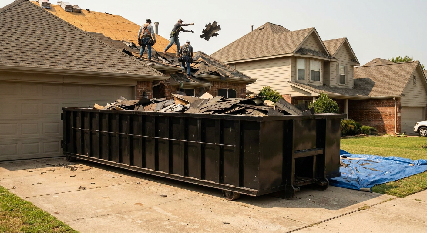 Matte-black roofing roll-off dumpster placed directly on a Peoria residential concrete driveway, a tear-off crew on a two-story asphalt-shingle roof tossing shingle bundles into the low-walled container, bright daylight, documentary 35mm perspective.