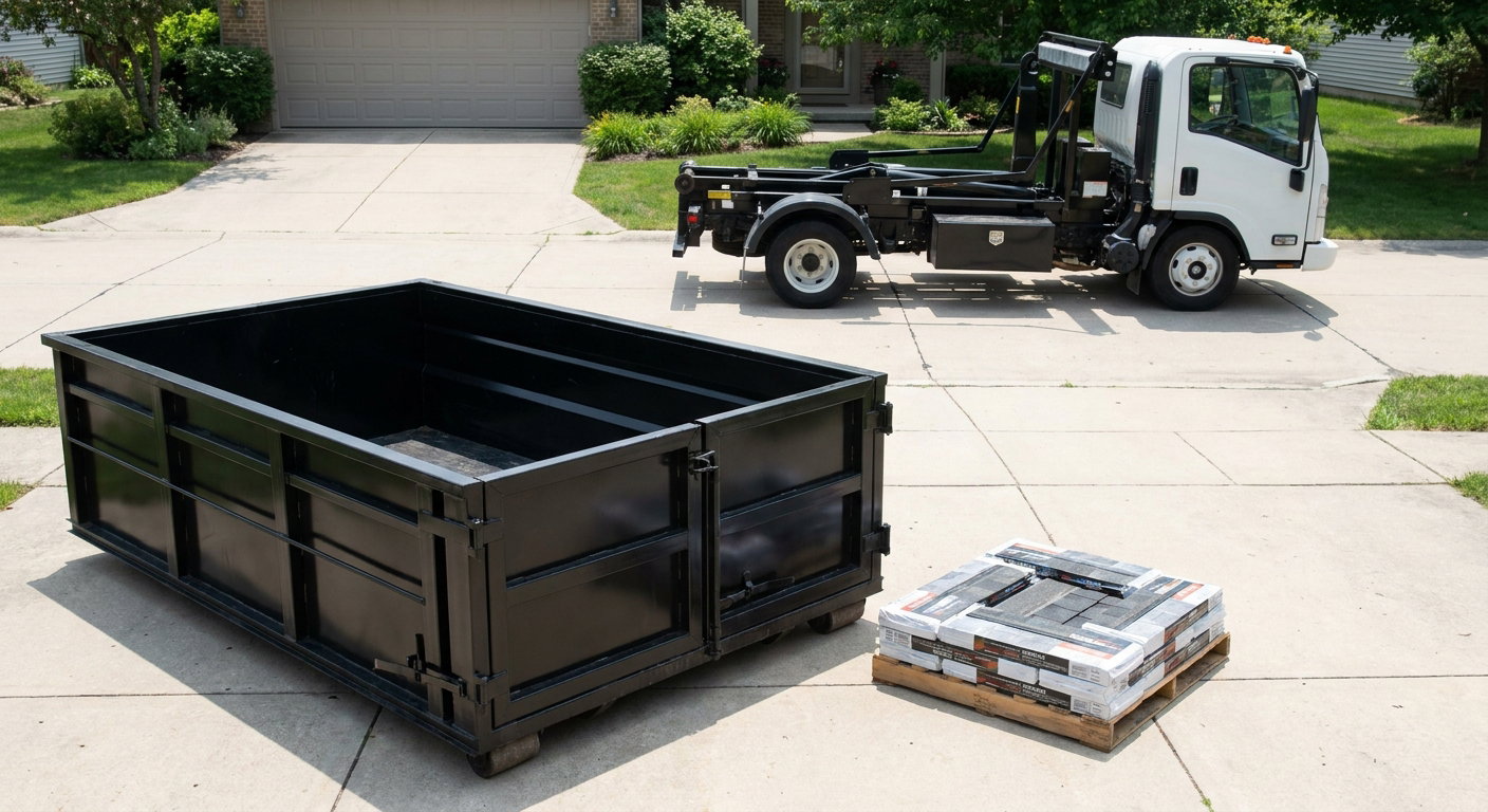 Matte-black 15-yard roofing roll-off dumpster with reinforced low side walls sitting directly on a Peoria residential concrete driveway, three-tab asphalt shingle bundles stacked nearby, an unmarked white hauler truck partially visible at the edge of the frame.