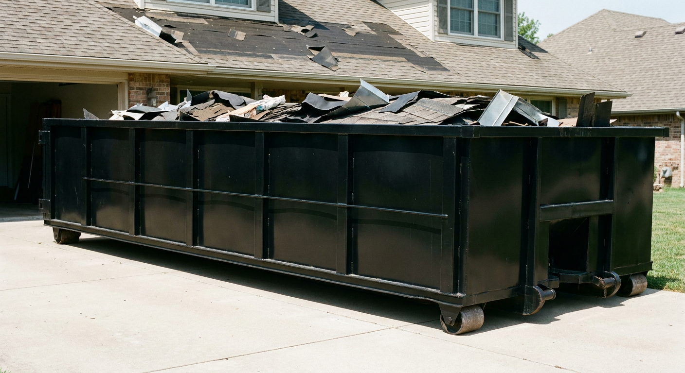 Matte-black 20-yard roofing roll-off dumpster with steel ribbed sides and swinging rear door, sitting directly on the concrete driveway of a two-story Peoria home, asphalt shingle debris being loaded over the low wall, clean documentary lighting.