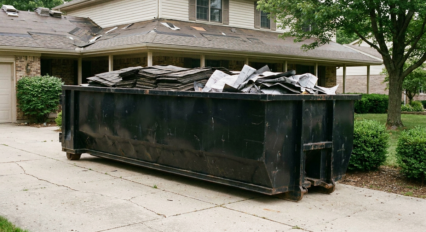 Matte-black 30-yard roofing roll-off dumpster sitting directly on a Peoria concrete driveway, taller ribbed steel side panels, mixed tear-off debris of asphalt shingles and underlayment inside, professional documentary daylight.