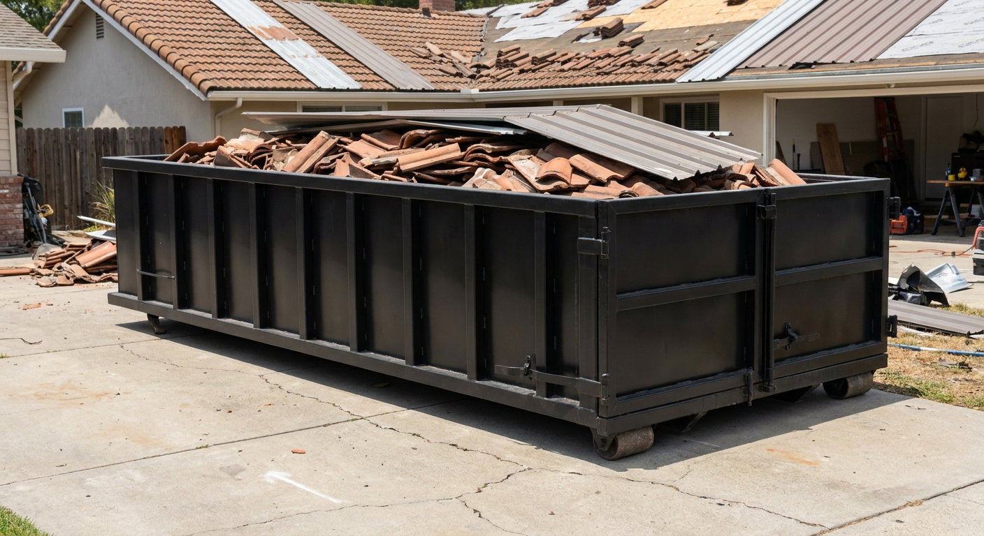 Matte-black low-wall heavy-debris roofing roll-off dumpster sitting directly on a Peoria concrete driveway, broken concrete clay roof tiles and metal panel sections loaded inside, reinforced ribbed steel side walls visible, bright outdoor daylight.
