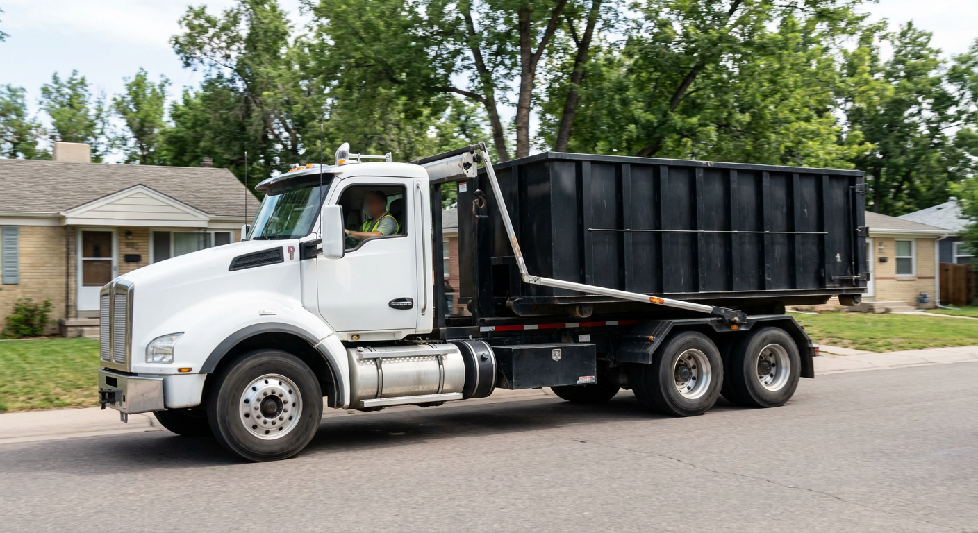 A wide documentary shot of a matte-black roll-off delivery truck pulling onto a quiet Peoria residential street at mid-morning, with neighborhood rooftops and tree-lined blocks visible behind, showing the metro coverage footprint.