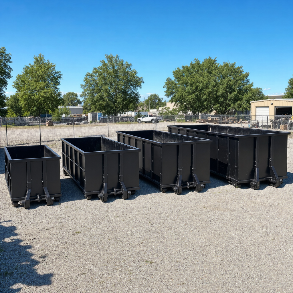 A clean lineup of matte-black roll-off dumpsters in 10, 20, 30, and 40-yard sizes staged on a sunlit gravel yard in Peoria, showing the size progression from compact to commercial-scale containers.