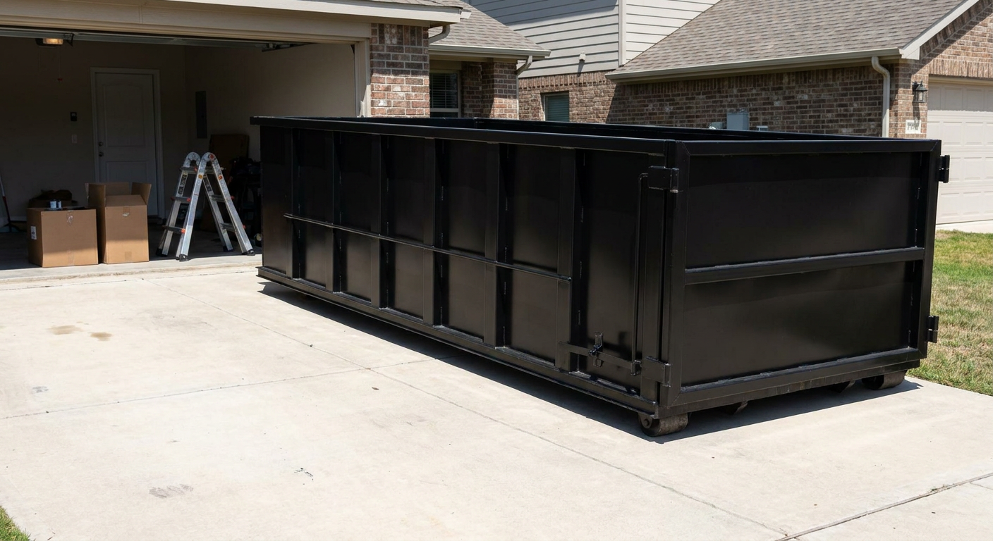 A matte-black 10-yard roll-off dumpster sitting directly on a residential Peoria concrete driveway, mid-day sunlight, clean and ready for a garage cleanout.