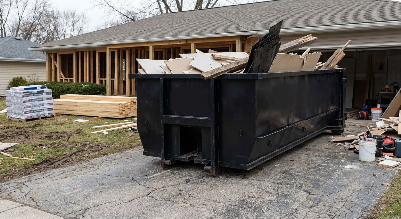 A matte-black 20-yard roll-off dumpster placed alongside a mid-renovation Peoria home directly on the asphalt driveway, with framing materials and torn-off shingles staged neatly nearby.
