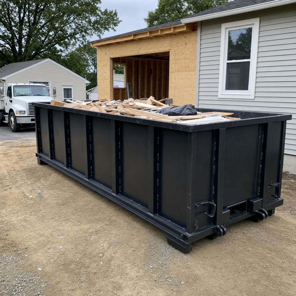 A matte-black 30-yard roll-off dumpster positioned at a Peoria residential addition jobsite, with framing lumber and drywall scraps loaded through the open swinging rear doors.