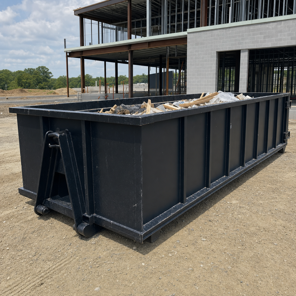 A matte-black 40-yard roll-off dumpster staged on a large Peoria commercial construction lot, with a hooklift delivery truck parked alongside under bright midday sky.