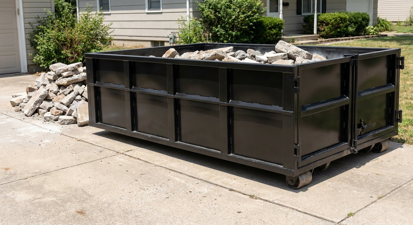 A matte-black low-side heavy-debris roll-off dumpster placed directly on a Peoria concrete driveway, with broken concrete chunks neatly stacked beside it under clean daylight.